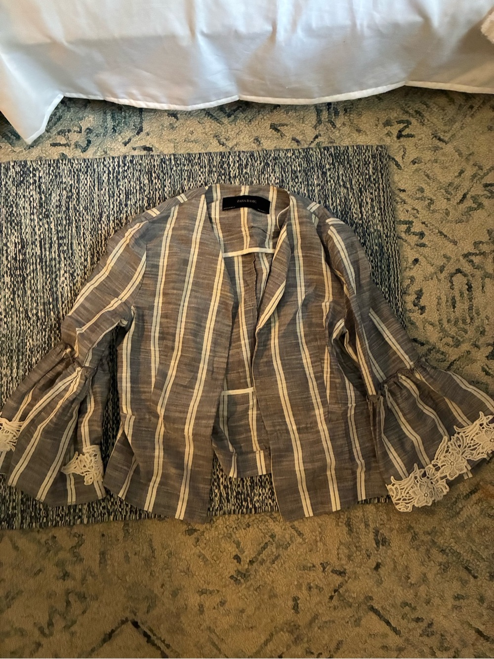 Zara Striped Ruffle-Sleeve Blazer in Gray and Cream